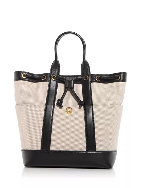 Veronica Beard Canvas Drawstring Tote Bag With Black Leather Trim